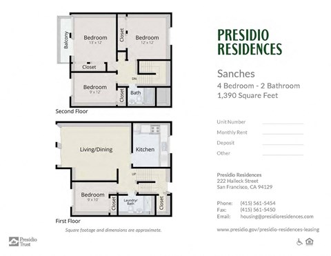 Floor plan for 4 beds, 2 baths, 1390 sqft